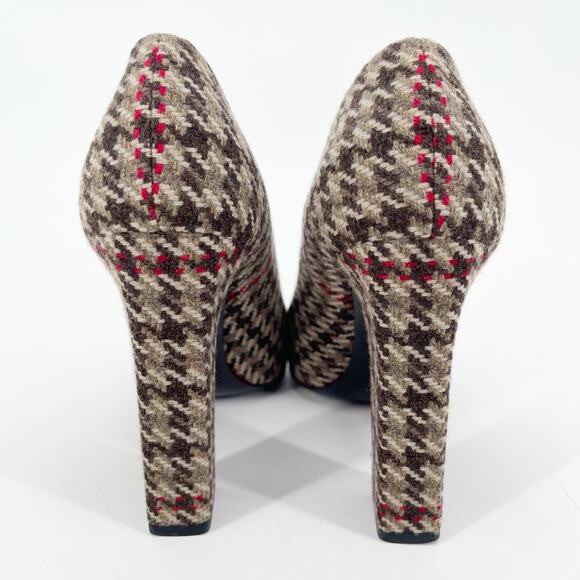 Prada Vintage IT 37 Brown Wool Houndstooth Square Toe Chunky Block Heel Pumps - Picture 9 of 11